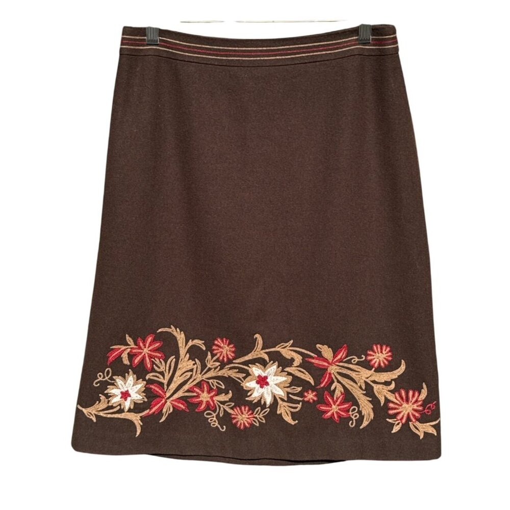 Y2K Brown Wool Blend Embroidered Floral A-Line Skirt 4